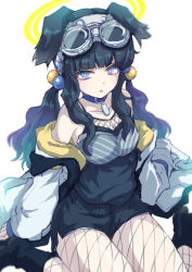 Rule 34 | 1girl, animal ears, beads, black hair, black shirt, black shorts, blue archive, blue eyes, boots, camisole, coat, collar, collarbone, commentary request, dog ears, dog tags, fishnet pantyhose, fishnets, goggles, goggles on head, hair beads, hair ornament, halo, hibiki (blue archive), highres, long hair, off shoulder, pantyhose, parted lips, satomura kyou, shirt, shorts, sidelocks, simple background, sitting, solo, wariza, white background, white coat