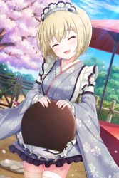 Rule 34 | 1girl, absurdres, alternative girls, blonde hair, cherry blossoms, day, closed eyes, highres, holding, maid headdress, official art, open mouth, outdoors, short hair, smile, solo, standing, sylvia richter, umbrella