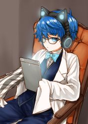 Rule 34 | 1boy, blue bow, blue bowtie, bow, bowtie, chair, coat, fate/extra, fate/extra ccc, fate (series), glasses, hans christian andersen (fate), headphones, highres, kutouten, male focus, sitting, sleeves past fingers, sleeves past wrists, solo, tablet pc, traditional bowtie, white coat