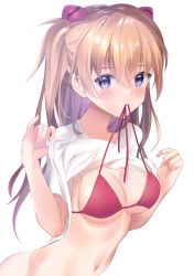 Rule 34 | @shun, bikini, bikini top only, bikini under clothes, blue eyes, blush, bottomless, breasts, brown hair, clothes lift, highres, interface headset, long hair, looking at viewer, medium breasts, neon genesis evangelion, no panties, no pants, simple background, solo, souryuu asuka langley, swimsuit, twintails, white background