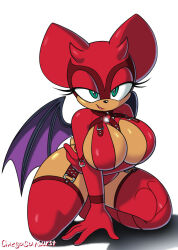 Rule 34 | 1girl, artist name, bat girl, bat wings, between breasts, breasts, cleavage, curvy, dark skin, demon horns, evil rose, eyelashes, female focus, full body, furry, furry female, garter straps, green eyes, half-closed eyes, hand on floor, highres, horns, kneeling, large breasts, leotard, looking at viewer, mask, omegasunburst, red leotard, red lips, red thighhighs, rouge the bat, shiny clothes, shiny skin, smile, solo, sonic (series), thick thighs, thighhighs, thighs, white background, wide hips, wings
