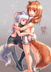 Rule 34 | 4girls, animal ears, backless dress, backless outfit, bare back, barefoot, black legwear, black row, black sweater, braid, brown eyes, brown hair, dress, highres, holo, hug, kneepits, legs, long hair, meme attire, mother and daughter, multiple girls, myuri (spice and wolf), naked sweater, one eye closed, open mouth, shinsetsu spice and wolf, smile, spice and wolf, sweater, sweater dress, tail, thighhighs, turtleneck, turtleneck sweater, virgin killer sweater, white sweater, wolf ears, wolf tail, zettai ryouiki