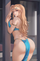 Rule 34 | 1girl, armlet, artist name, ass, bare shoulders, blonde hair, blue eyes, braid, breast press, breasts, closed mouth, commentary, commentary typo, english commentary, eyelashes, fingernails, flowerxl, large breasts, long hair, looking at viewer, looking back, medium breasts, nintendo, pointy ears, princess zelda, revealing clothes, sideboob, solo, standing, the legend of zelda, thighs, watermark, web address