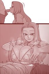 Rule 34 | 1boy, 1girl, absurdres, bleach, bra, breasts, breasts squeezed together, cleavage, comic, ekz (robotekz), facing viewer, fellatio, from side, grabbing own breast, highres, huge breasts, looking at another, matsumoto rangiku, monochrome, oral, paizuri, paizuri under clothes, smile, underwear