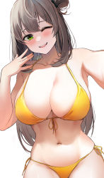 Rule 34 | 1girl, ;d, absurdres, bikini, blue archive, blush, breasts, brown hair, cleavage, hair ribbon, hand up, highres, large breasts, long hair, looking at viewer, navel, nonomi (blue archive), nonomi (swimsuit) (blue archive), one eye closed, open mouth, re0n, ribbon, selfie, side-tie bikini bottom, simple background, smile, solo, stomach, swimsuit, white background, yellow bikini