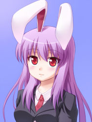 Rule 34 | 1girl, animal ears, blazer, blue background, blush, breasts, collarbone, jacket, leinamelissa, light purple hair, long hair, looking at viewer, rabbit ears, red eyes, reisen udongein inaba, simple background, solo, touhou, upper body