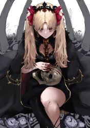 Rule 34 | 1girl, black dress, black headwear, black sleeves, blonde hair, blood, blood on hands, blood on skeleton, blush, bow, cloak, closed mouth, crown, detached collar, detached sleeves, dress, earrings, ereshkigal (fate), fate/grand order, fate (series), gold trim, hair bow, haunting, holding, holding skull, hood, hood down, hooded cloak, infinity symbol, jewelry, kdm (ke dama), long hair, looking at viewer, parted bangs, pink eyes, red bow, red cloak, red eyes, single thighhigh, sitting, sketch background, skull, smile, solo, spine, strapless, strapless dress, teeth, thighhighs, tiara, two side up, unfinished, upper teeth only, very long hair