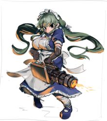 Rule 34 | 1girl, apron, black eyes, black gloves, blue dress, blue footwear, breasts, closed mouth, dress, elbow gloves, firing, frilled dress, frills, full body, gatling gun, gloves, green hair, hakonnbo, large breasts, long dress, long hair, looking at viewer, low twintails, maid, maid apron, maid headdress, mary janes, minigun, original, puffy short sleeves, puffy sleeves, shoes, short sleeves, simple background, socks, solo, standing, twintails, very long hair, white apron, white background, white socks