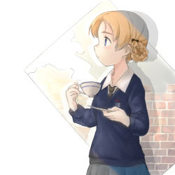 Rule 34 | 1girl, absurdres, black bow, black necktie, blue eyes, blue skirt, blue sweater, bow, braid, closed mouth, commentary, cup, dress shirt, emblem, ennui orz, girls und panzer, hair bow, highres, holding, holding cup, holding saucer, long sleeves, necktie, orange hair, orange pekoe (girls und panzer), parted bangs, pleated skirt, saucer, school uniform, shadow, shirt, short hair, skirt, solo, st. gloriana&#039;s (emblem), st. gloriana&#039;s school uniform, standing, steam, sweater, teacup, v-neck, white shirt, wing collar
