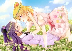 Rule 34 | 2girls, :d, asahina mirai, black bow, black neckwear, blonde hair, blue sky, bow, clothing cutout, cloud, collarbone, day, dress, eye contact, field, flower, flower field, hair bow, hair flower, hair ornament, head wreath, high ponytail, izayoi liko, kononkono, long hair, looking at another, mahou girls precure!, medium hair, multiple girls, one side up, open mouth, outdoors, pink bow, pink dress, precure, purple dress, purple eyes, purple hair, red bow, short dress, short sleeves, shoulder cutout, sky, smile, sundress, very long hair, white flower, yuri