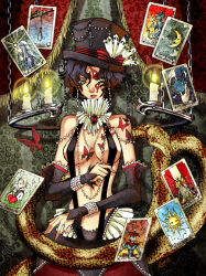 Rule 34 | 1girl, black hair, bodypaint, breasts, bug, butterfly, candle, card, curly hair, floating card, hat, insect, jewelry, naked suspenders, necklace, non-web source, revealing clothes, snake, solo, suspenders, tarot, tarot (medium), tattoo, top hat, topless, wavy hair, yellow eyes