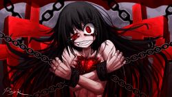 Rule 34 | 1girl, animated, animated gif, artist name, black hair, black sclera, chain, colored sclera, cross, crying, cuffs, female focus, grin, heart, heterochromia, nude, original, ray-k, red eyes, shackles, smile, solo, tears, teeth