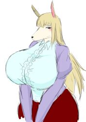 Rule 34 | 1girl, blonde hair, blush, breasts, ears up, furry, furry female, highres, huge breasts, kemofujin, kemofujin (manga), long hair, looking at viewer, momijizx, puffy sleeves, red skirt, skirt, solo, standing, taut clothes, thick thighs, thighs, white background