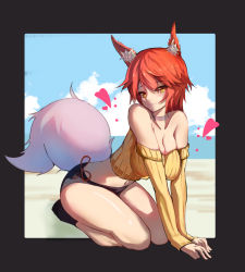 Rule 34 | 1girl, all fours, animal ears, breasts, cleavage, cloud, collarbone, fox ears, fox girl, fox tail, heart, kuroha (rockluo213), large breasts, looking at viewer, midriff, navel, ocean, off shoulder, original, outdoors, outside border, red hair, short hair, socks, solo, sweater, tagme, tail, tamamo no mae (mythology), yellow eyes