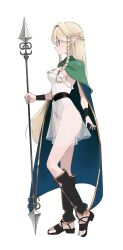 Rule 34 | 1girl, absurdres, blonde hair, braid, breasts, cape, cloak, closed mouth, commentary, dress, eltolinde (unicorn overlord), full body, green cloak, green eyes, highres, holding, holding polearm, holding weapon, leotard, long hair, looking ahead, medium breasts, oka paya, pointy ears, polearm, see-through, see-through dress, simple background, solo, spear, standing, strapless, strapless leotard, toes, twin braids, unicorn overlord, very long hair, weapon, white background, white leotard
