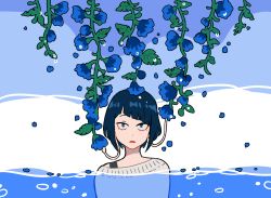 Rule 34 | 1girl, blue background, blue eyes, blue flower, blue hair, blunt bangs, boku no hero academia, commentary, english commentary, flower, imjayu, jirou kyouka, looking at viewer, partially submerged, short hair, solo, water