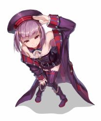 Rule 34 | 1girl, bare shoulders, beret, coat, fate/grand order, fate (series), hat, helena blavatsky (fate), helena blavatsky (third ascension) (fate), highres, knees together feet apart, looking at viewer, purple eyes, purple hair, purple thighhighs, salute, simple background, smile, solo, sue (bg-bros), thighhighs, white background