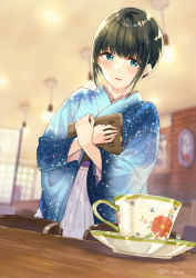 Rule 34 | 1girl, apron, black hair, blue eyes, blue kimono, blurry, blurry background, blush, brick wall, chair, coffee wo shizuka ni, commentary request, cup, depth of field, frilled apron, frills, indoors, japanese clothes, kimono, long sleeves, looking at viewer, miyabi akino, mole, mole under eye, hugging object, parted lips, saucer, shizuka (coffee wo shizuka ni), sidelocks, smile, solo, table, twitter username, waist apron, white apron, wide sleeves
