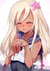 Rule 34 | 10s, 1girl, blonde hair, blush, closed eyes, eyebrows, flower, hair flower, hair ornament, happy, jewelry, kantai collection, kuzu (miduhana), long hair, open mouth, ring, ro-500 (kancolle), simple background, smile, solo, swimsuit, tan, tears, torpedo, wedding band, white background