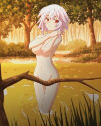Rule 34 | 1girl, bathing, blue hair, blush, breasts, convenient censoring, covering privates, covering breasts, game cg, highres, infinite stratos, large breasts, legs, nature, navel, nude, red eyes, sarashiki tatenashi, short hair, stitched, thighs, third-party edit, water