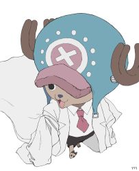 Rule 34 | animal, antlers, antlers through headwear, coat, doctor, from above, furry, furry male, hat, horns, necktie, no humans, one piece, reindeer antlers, solo, tony tony chopper, ufkqz, walking, white background
