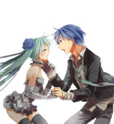 Rule 34 | 1boy, 1girl, aqua hair, bad id, bad pixiv id, blue hair, closed eyes, couple, earrings, elbow gloves, flower, formal, gloves, green hair, hair flower, hair ornament, hatsune miku, hetero, irono (irtyu), jewelry, kaito (vocaloid), long hair, music, necktie, open mouth, simple background, singing, skirt, thighhighs, twintails, very long hair, vocaloid