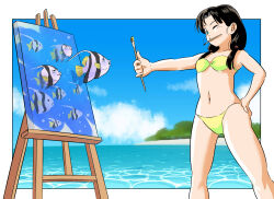 Rule 34 | 1girl, angelfish, bandeau, bikini, black hair, blue eyes, blue sky, breasts, canvas (object), cloud, commentary request, easel, fish, green bandeau, green bikini, hand on own hip, highres, holding, holding paintbrush, low twintails, mouth hold, ocean, one eye closed, original, paintbrush, painting (object), pink mousse, sky, small breasts, solo, strapless, strapless bikini, swimsuit, through medium, through painting, tropical fish, twintails