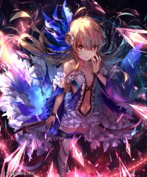 Rule 34 | 1girl, black thighhighs, blonde hair, bracelet, breasts, cleavage, floating hair, from above, hair between eyes, hair ornament, irua, jewelry, layered skirt, long hair, looking at viewer, midriff, miniskirt, navel, parted lips, red eyes, shingeki no bahamut, skirt, small breasts, solo, standing, stomach, thighhighs, torn clothes, torn thighhighs, very long hair, white skirt, zettai ryouiki