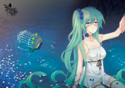 Rule 34 | ayto, bad id, bad pixiv id, blood, blue flower, blue rose, cage, choker, dress, flower, green eyes, green hair, hatsune miku, long hair, rose, sitting, solo, tears, twintails, very long hair, vocaloid, water