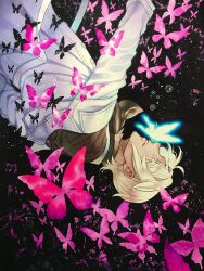 Rule 34 | 1boy, black shirt, blonde hair, blue butterfly, bug, butterfly, butterfly on nose, coat, dark-skinned male, dark skin, fang, from side, highres, insect, light particles, long sleeves, looking at animal, male focus, mochizuki jun, noe archiviste, off shoulder, official art, parted bangs, parted lips, photo (medium), pink butterfly, pink eyes, profile, shirt, short hair, solo, teeth, too many, too many butterflies, upper body, upper teeth only, upside-down, vanitas no carte, vest, white coat, white vest