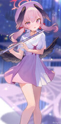 Rule 34 | 1girl, ainy, alternate costume, beret, black wings, blue archive, blurry, blurry background, bow, dress, feathered wings, feet out of frame, flute, hair bow, halo, hat, head wings, highres, holding, holding flute, holding instrument, instrument, koharu (blue archive), long hair, looking at viewer, low twintails, low wings, neckerchief, open mouth, pink dress, pink eyes, pink hair, pink halo, red bow, red neckerchief, sailor collar, shirt, short sleeves, solo, standing, twintails, white hat, white sailor collar, white shirt, winged halo, wings