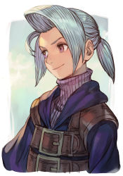 Rule 34 | 1boy, belt, blue jacket, closed mouth, cropped torso, final fantasy, final fantasy iii, hair ornament, hungry clicker, jacket, luneth, male focus, ponytail, purple eyes, ribbed sweater, simple background, smile, solo, sweater, upper body, white hair