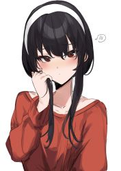 Rule 34 | 1girl, absurdres, black hair, blush, closed mouth, commentary request, hairband, hand in own hair, highres, long sleeves, looking at viewer, miyasaka miyabi, red eyes, red shirt, shirt, short hair with long locks, sidelocks, simple background, solo, speech bubble, spoken blush, spy x family, upper body, white background, white hairband, yor briar