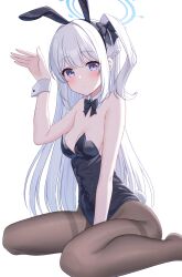Rule 34 | 1girl, animal ears, black leotard, black pantyhose, blue archive, blue halo, blush, closed mouth, detached collar, fake animal ears, grey hair, halo, highres, kurumi lm, leotard, long hair, looking at viewer, miyako (blue archive), one side up, pantyhose, playboy bunny, purple eyes, rabbit ears, rabbit tail, simple background, solo, strapless, strapless leotard, tail, white background, wrist cuffs