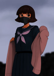 Rule 34 | 1girl, black hair, black mask, black sailor collar, black serafuku, black shirt, black skirt, blunt bangs, blurry, blurry background, bob cut, breasts, brown cardigan, brown eyes, cardigan, commentary, cowboy shot, dressing, flipped hair, highres, ixola, long sleeves, looking to the side, mask, mouth mask, neckerchief, off shoulder, open cardigan, open clothes, original, pleated skirt, sailor collar, school uniform, serafuku, shirt, short hair, skirt, sleeves past fingers, sleeves past wrists, small breasts, solo, white neckerchief