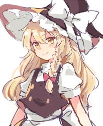 Rule 34 | 1girl, black vest, blonde hair, bow, braid, frilled hat, frills, hair bow, hat, hat bow, kirisame marisa, long hair, paragasu (parags112), puffy short sleeves, puffy sleeves, shirt, short sleeves, simple background, solo, touhou, two-sided fabric, two-sided headwear, vest, white background, white bow, white shirt, witch hat, yellow eyes