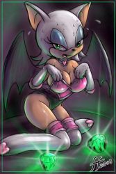 Rule 34 | 1girl, boots, breasts, chaos emerald, choker, furry, furry female, gloves, half-closed eyes, hands on own chest, heart, huge breasts, jewelry, looking at viewer, necklace, open mouth, rouge the bat, sitting, solo, solo focus, sonic (series), sweat, wings