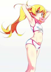 Rule 34 | 1girl, biting, blonde hair, blush stickers, doughnut, elbow blush, food, holding, holding food, long hair, looking at viewer, monogatari (series), non-web source, numbered, oshino shinobu, pants, ponytail, simple background, solo, sports bra, tanabe kyou, track and field, track pants, track uniform, tying hair, yellow eyes