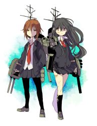 Rule 34 | 10s, 2girls, aiming, aiming at viewer, bad id, bad pixiv id, black hair, black legwear, blazer, blood, blood on face, brown hair, dress shirt, full body, hand in pocket, hatsushimo (kancolle), injury, jacket, kantai collection, loafers, long hair, long sleeves, low-tied long hair, machinery, multiple girls, necktie, open mouth, orange eyes, pantyhose, pleated skirt, school uniform, seiwatange, shirt, shoes, short hair, skirt, standing, torn clothes, torn skirt, turret, wakaba (kancolle), yellow eyes