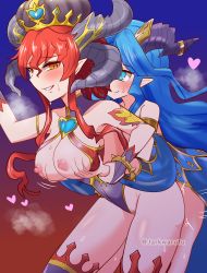 Rule 34 | 2girls, aqua eyes, blue hair, blush, breasts, brown eyes, clothed sex, doggystyle, dragon horns, female pubic hair, futa with female, futanari, grabbing, grabbing from behind, heart, highres, horns, jarkwaratu, jewelry, long hair, looking at viewer, medium breasts, multiple girls, nipples, pazudora (p&amp;d), penis, pointy ears, pubic hair, puzzle &amp; dragons, red hair, sex, sex from behind, smile