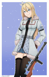 Rule 34 | 1girl, artist name, black thighhighs, blonde hair, blue coat, blue eyes, blush, breasts, brown gloves, closed mouth, coat, darkpulsegg, feet out of frame, finnish flag, fur-trimmed coat, fur collar, fur trim, girls&#039; frontline, gloves, gun, hairband, hands in pockets, highres, long hair, looking at viewer, simple background, smile, solo, standing, submachine gun, suomi (girls&#039; frontline), suomi kp/-31, thighhighs, weapon