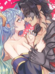 Rule 34 | 1boy, 1girl, absurdres, aqua hair, bare shoulders, black hair, blue eyes, blue hair, blue nails, braid, breasts, cleavage, flower, hair over shoulder, hanacues, highres, kayn (league of legends), large breasts, league of legends, long hair, multicolored hair, nail polish, open mouth, parted lips, profile, red eyes, signature, sona (league of legends), twintails, two-tone hair, upper body