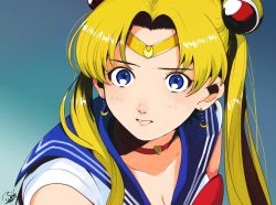 Rule 34 | 1girl, bishoujo senshi sailor moon, blonde hair, blue background, blue eyes, blue sailor collar, bow, bowtie, breasts, choker, cleavage, crescent, crescent earrings, derivative work, earrings, from side, hair ornament, heart, heart choker, jewelry, meme, oomsz, parted bangs, parted lips, red bow, red bowtie, red choker, sailor collar, sailor moon, sailor moon redraw challenge (meme), school uniform, screenshot redraw, serafuku, solo, sweatdrop, tiara, tsukino usagi, twintails, upper body