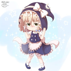 Rule 34 | 1girl, absurdres, apron, blonde hair, bloomers, blush, braid, chibi, coreytaiyo, crying, dated, dress, frown, hat, hat tug, highres, kirisame marisa, looking at viewer, mary janes, nose blush, puffy short sleeves, puffy sleeves, sash, shoes, short sleeves, single braid, solo, streaming tears, tears, touhou, turtleneck, underwear, waist apron, witch hat
