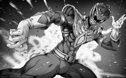 Rule 34 | 1boy, belt, bodysuit, commentary, commission, english commentary, fighting stance, gloves, green ranger, greyscale, helmet, highres, jason david frank, magion02, male focus, monochrome, power rangers, solo