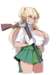 Rule 34 | 1girl, blonde hair, break action, breasts, button gap, cleavage, closed mouth, clothes around waist, cropped legs, dark-skinned female, dark elven forest ranger, dark skin, dickbomber, elf, gloves, green skirt, gun, hair between eyes, highres, holding, holding gun, holding weapon, huge breasts, last origin, long hair, mask, mask pull, mouth mask, pointy ears, purple eyes, rifle, shirt, simple background, skirt, solo, two side up, weapon, white background, white gloves, white mask, white shirt