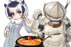 Rule 34 | 10s, 1girl, armor, bad id, bad pixiv id, black hair, cauldron, clenched hand, coat, commentary, crossover, dark souls (series), dark souls i, dokomon, fur collar, gloves, hand on own hip, helmet, kemono friends, looking at viewer, multicolored hair, northern white-faced owl (kemono friends), short hair, sieglinde of catarina, simple background, white background, white hair, yellow eyes