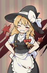 Rule 34 | 1girl, ;d, apron, berazasu, black hat, black vest, blonde hair, blood, blood on clothes, blood on face, bow, braid, commentary request, cookie (touhou), facing viewer, hair bow, hands on own hips, hat, hat bow, highres, kirisame marisa, long hair, one eye closed, open mouth, orange eyes, red bow, side braid, single braid, smile, solo, star (symbol), striped, striped background, suzu (cookie), touhou, vest, white apron, white bow, witch hat