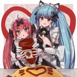 Rule 34 | 2girls, :o, animal ears, apron, black bow, black dress, blue hair, blush, bow, breasts, cat ears, cat tail, cocoa (nikke), dress, elbow gloves, fake animal ears, fake tail, food, gloves, goddess of victory: nikke, hair bow, heart, highres, holding, juliet sleeves, ketchup, ketchup bottle, large breasts, light blue hair, long hair, long sleeves, maid, maid apron, maid headdress, multiple girls, multiple hair bows, neck bell, o o k i n a, official alternate costume, omelet, omurice, paw hair ornament, pink hair, privaty (nikke), privaty (unkind maid) (nikke), puffy sleeves, sparkling eyes, sweatdrop, tail, twintails, very long hair, white apron, white gloves, yellow eyes