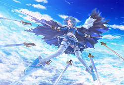 Rule 34 | 10s, 1girl, armband, blue eyes, blue hair, cape, cloud, day, dual wielding, gloves, holding, magical girl, mahou shoujo madoka magica, mahou shoujo madoka magica (anime), matching hair/eyes, miki sayaka, short hair, sky, solo, soul gem, sword, tamago tomato, thighhighs, weapon